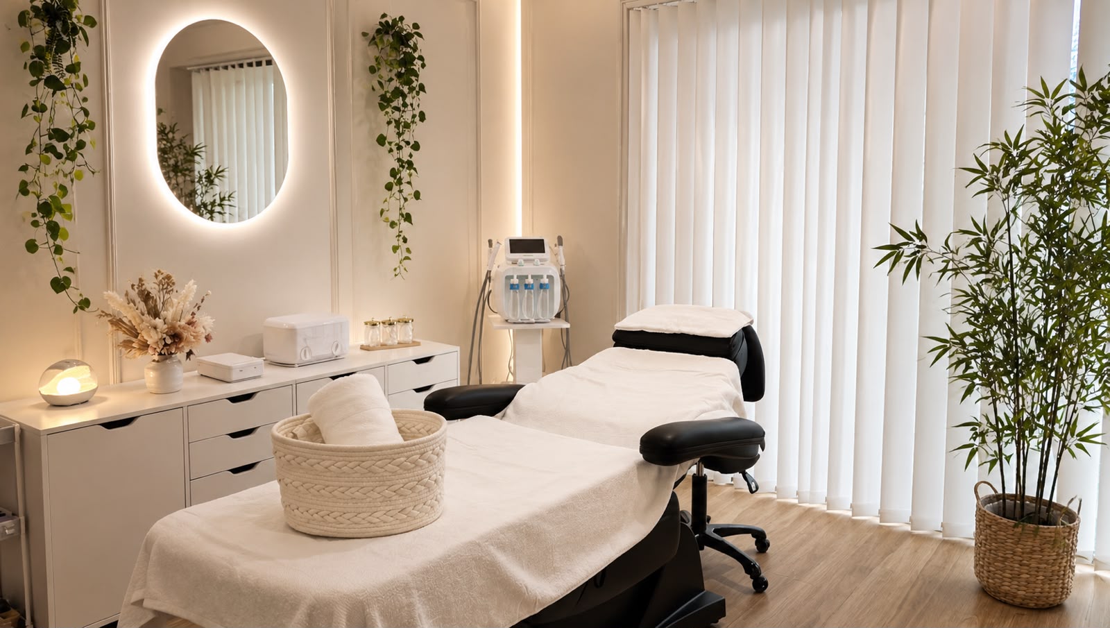 Serene treatment room at Fabeauty Private Studio, with backlit mirror and plants